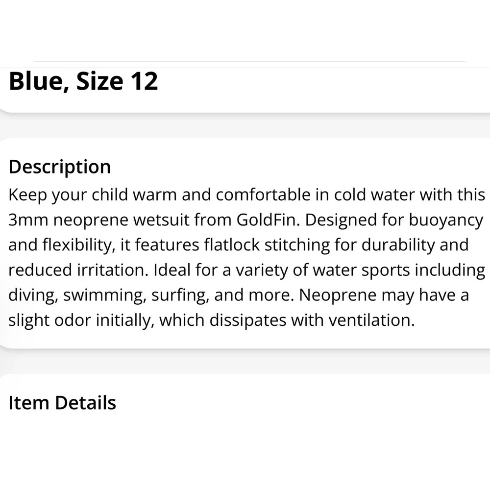 GoldFin Wetsuit Kids Size 12 Blue Excellent 3mm Neoprene Full Body Back Zip